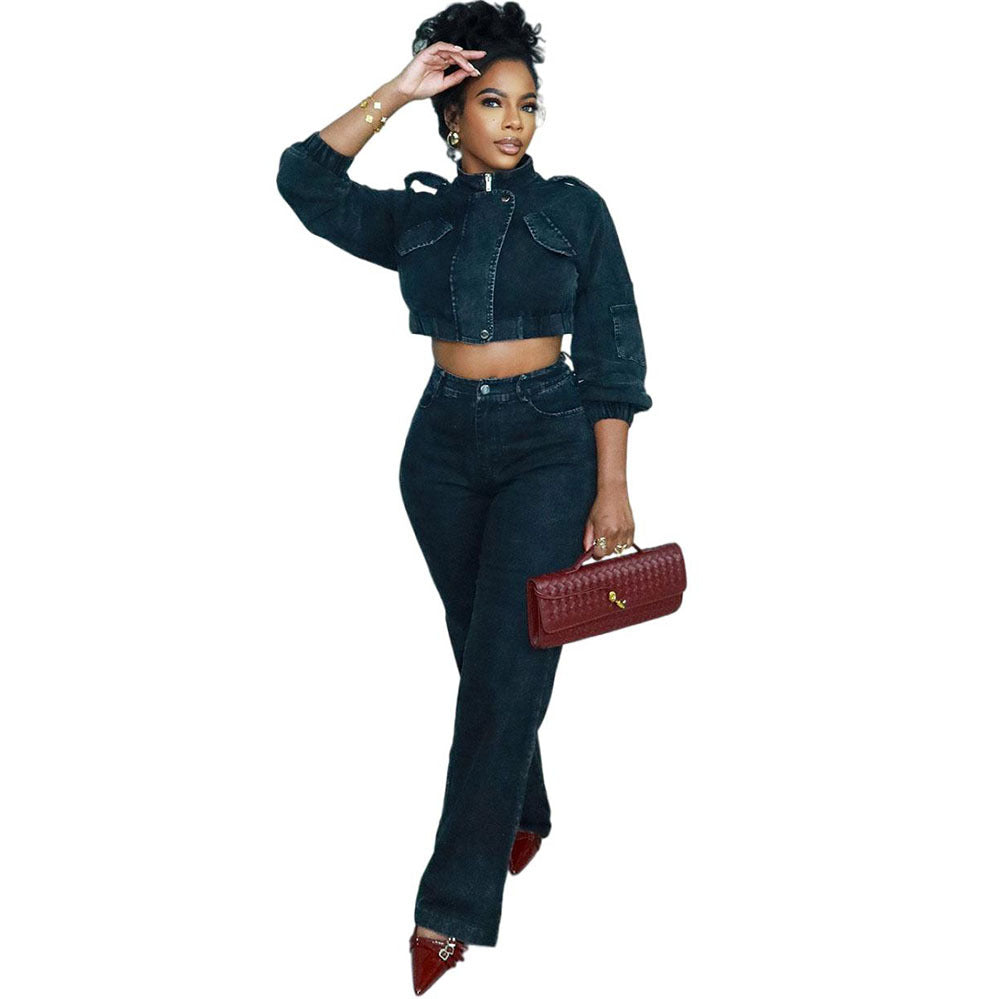 European and american style denim set -  cross-border women's fashion: long sleeve cropped jacket & high-waisted jeans