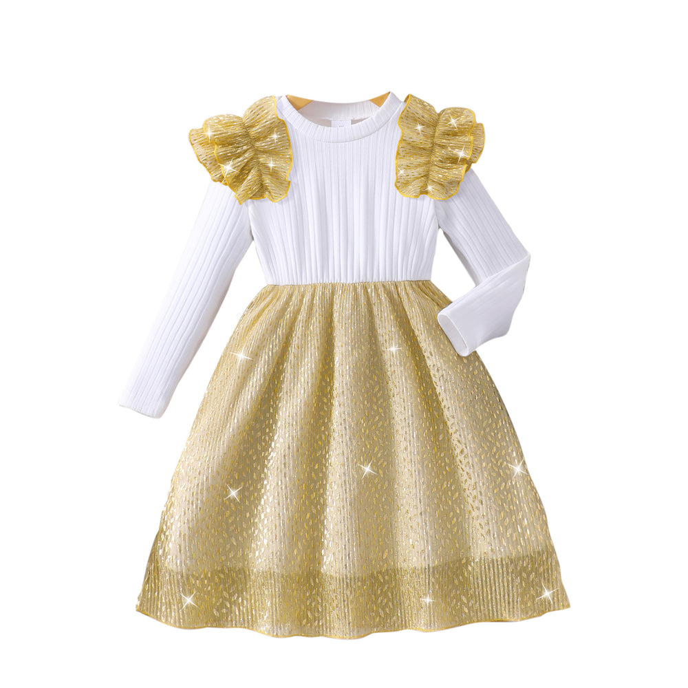 Girls' dress, ruffle sleeve ribbed knit cutout patchwork dress