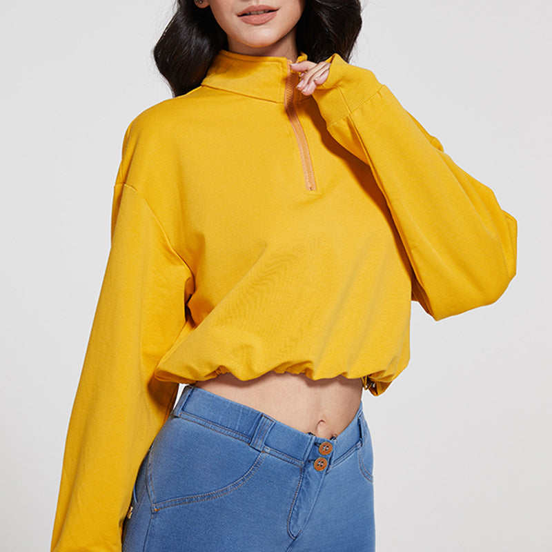new european and american style stand collar fitness sweatshirt for women - loose fit zipper drawstring long sleeve yoga top t-shirt