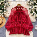French chic lantern sleeve blouse -  spring collection: ruffle trim, butterfly collar design, elegant and sophisticated top