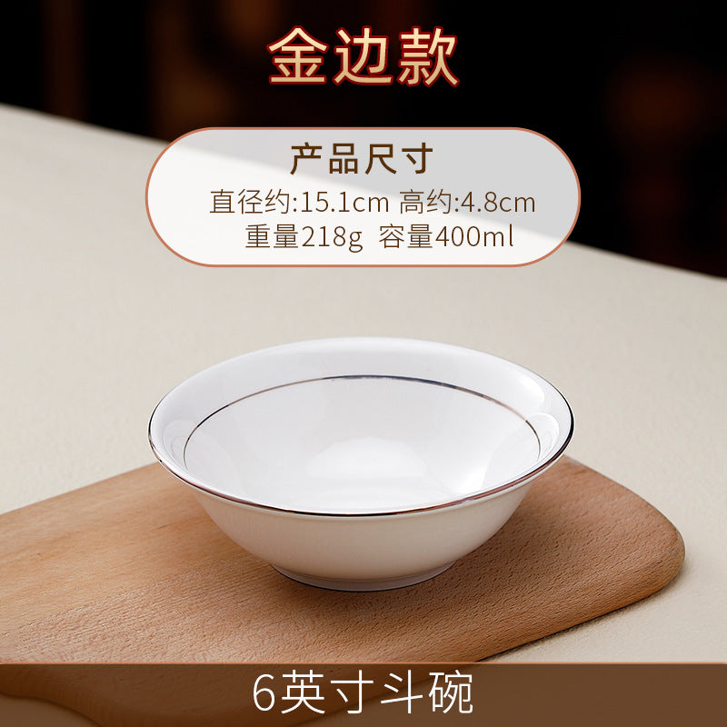 Wholesale gold-rimmed ceramic hat bowl, wing bowl, meat bowl, pure white rice bowl, vegetable bowl, soup bowl, noodle bowl, soup noodle bowl