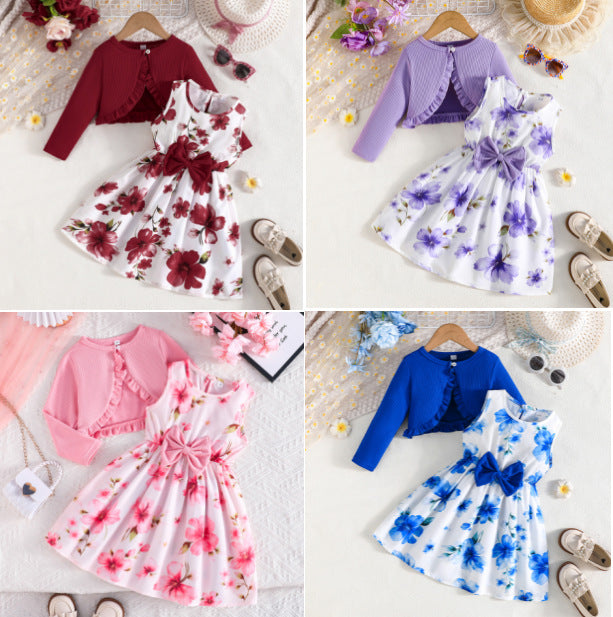 spring/autumn collection: girls' colorful suspender dress + solid color cardigan - new fashionable and elegant baby outfit