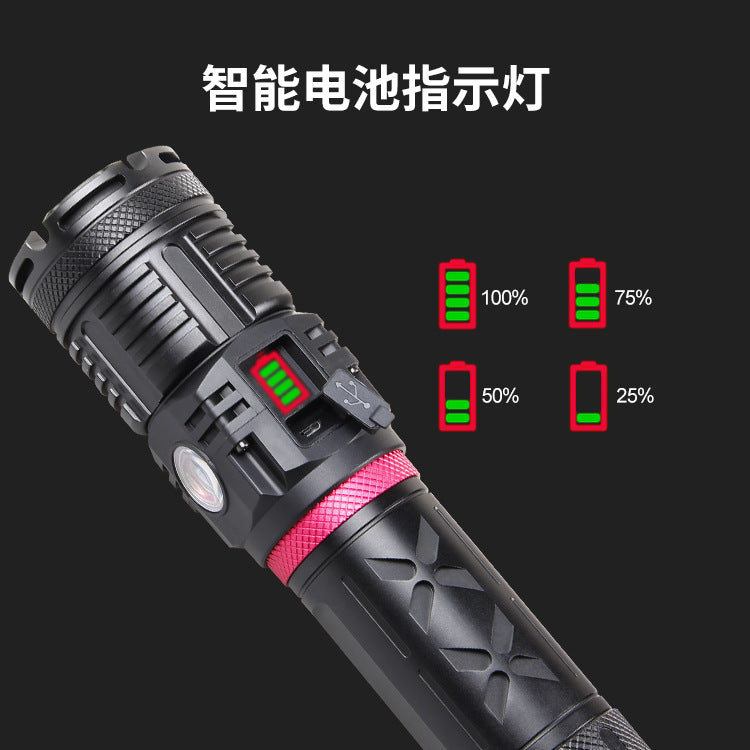 Cross-border new XHP-160 strong light intelligent power blue red green white light retractable USB charging high power flashlight