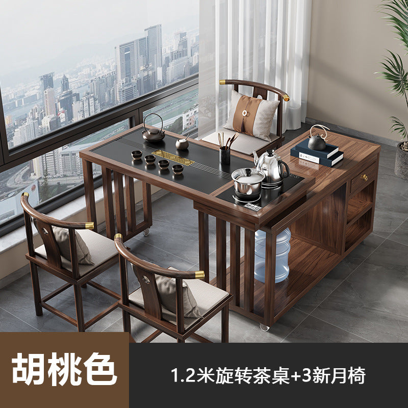 New chinoiserie solid wood tea table rotate table and chair complete set of water kettle all-in-one tea table balcony living room small apartment coffee table
