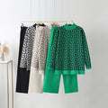 Fashionsuitk-stylelong sleeves stand collar loose jacquard knittingsweatertwo-piece sethigh waistslimming lookstraight-legloose pants