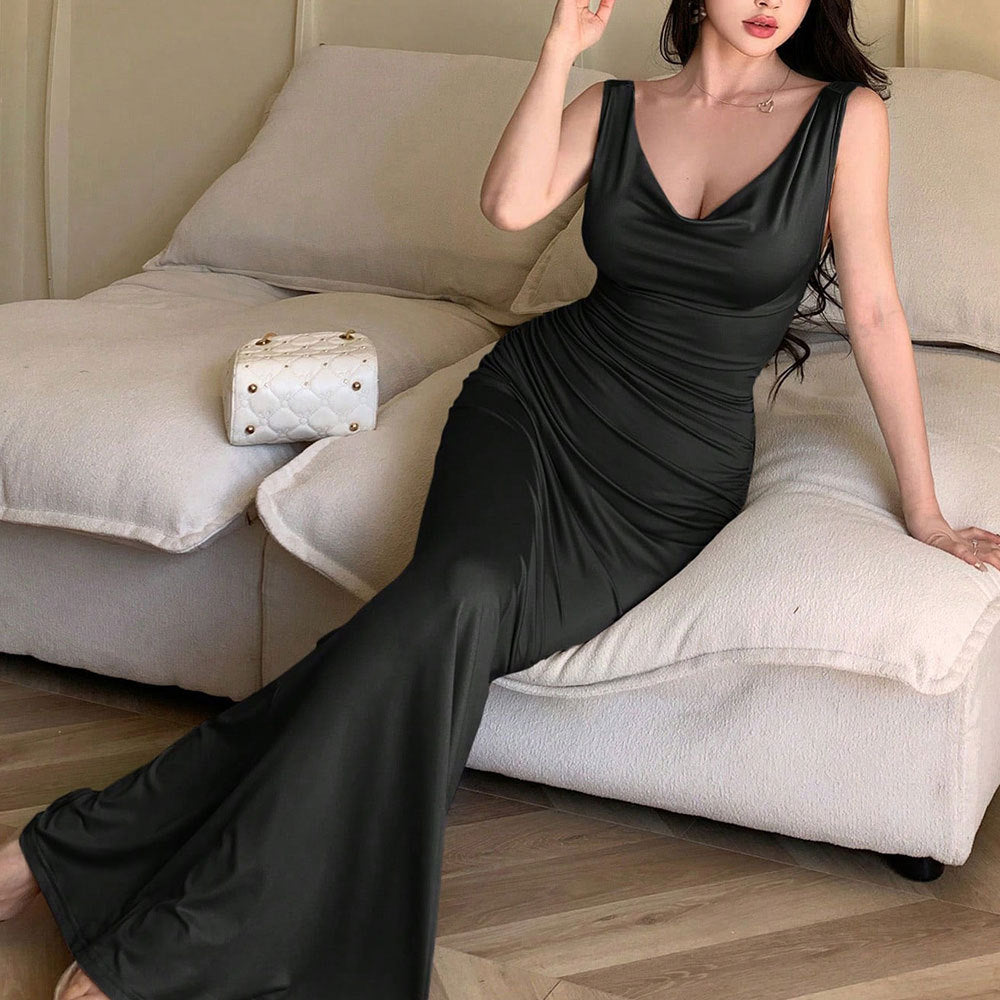 summer high-waisted bodycon midi dress - solid color knit, open back, sleeveless, v-neck, sexy & spicy style