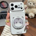 Kitten capybara cartoon english silver white large window rotating stand case for iphone 17 pro max