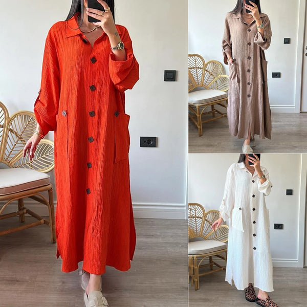 2025 Cross-border  Women's Solid Color Dress Shirt Long Dress Fashion Casual Long Sleeve Cardigan Dress Women