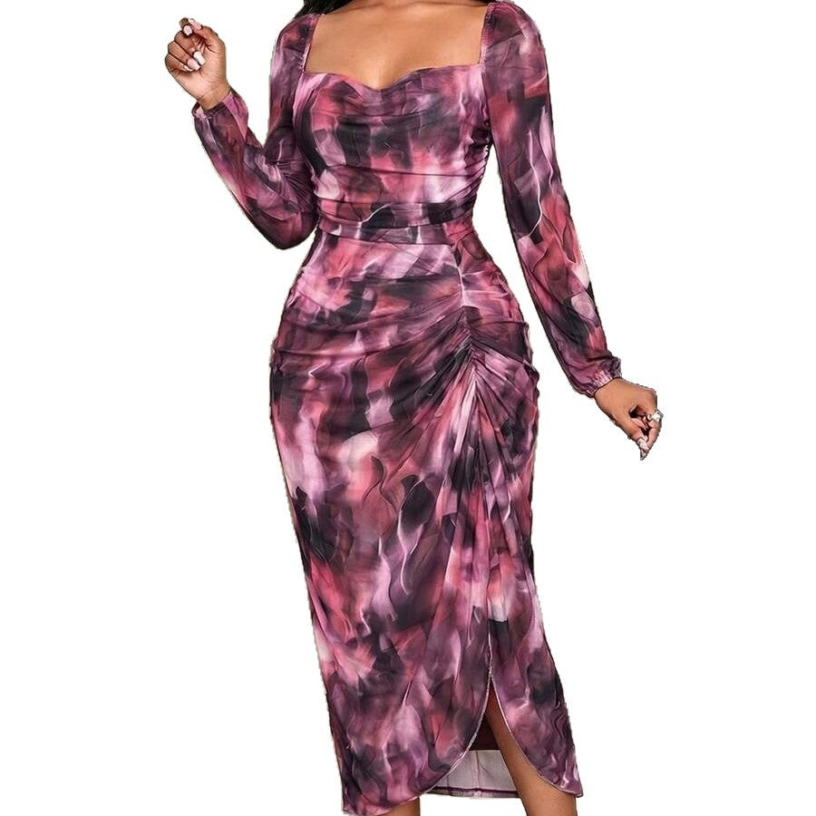 Women's tie-dye print slim-fit midi dress, autumn elegant beach vacation