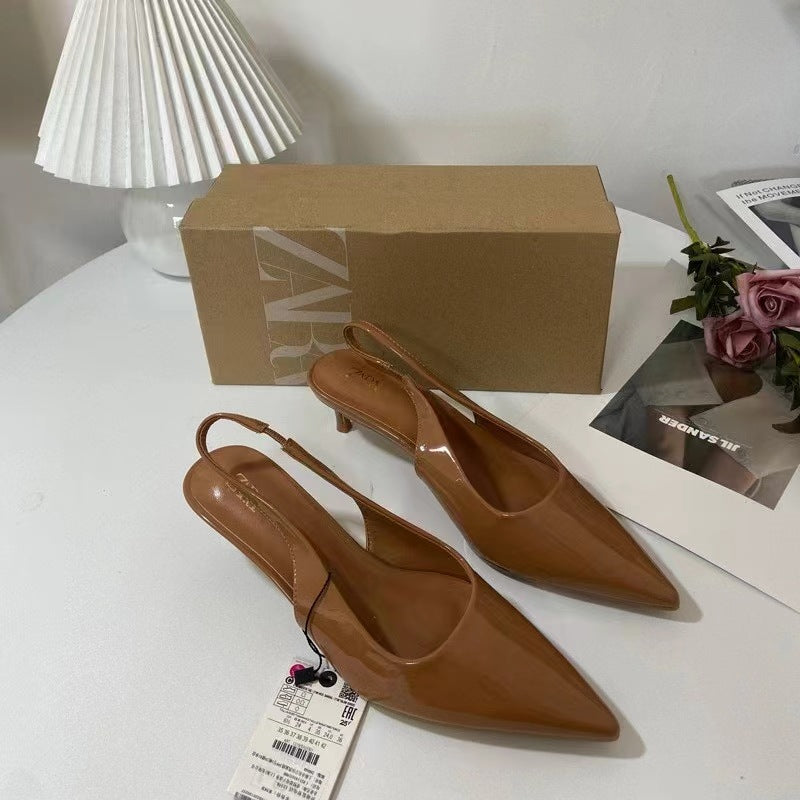 Za summer new women's shoes 2024 brown french chic open-back high heel mules low-mid heel pointed toe sandals