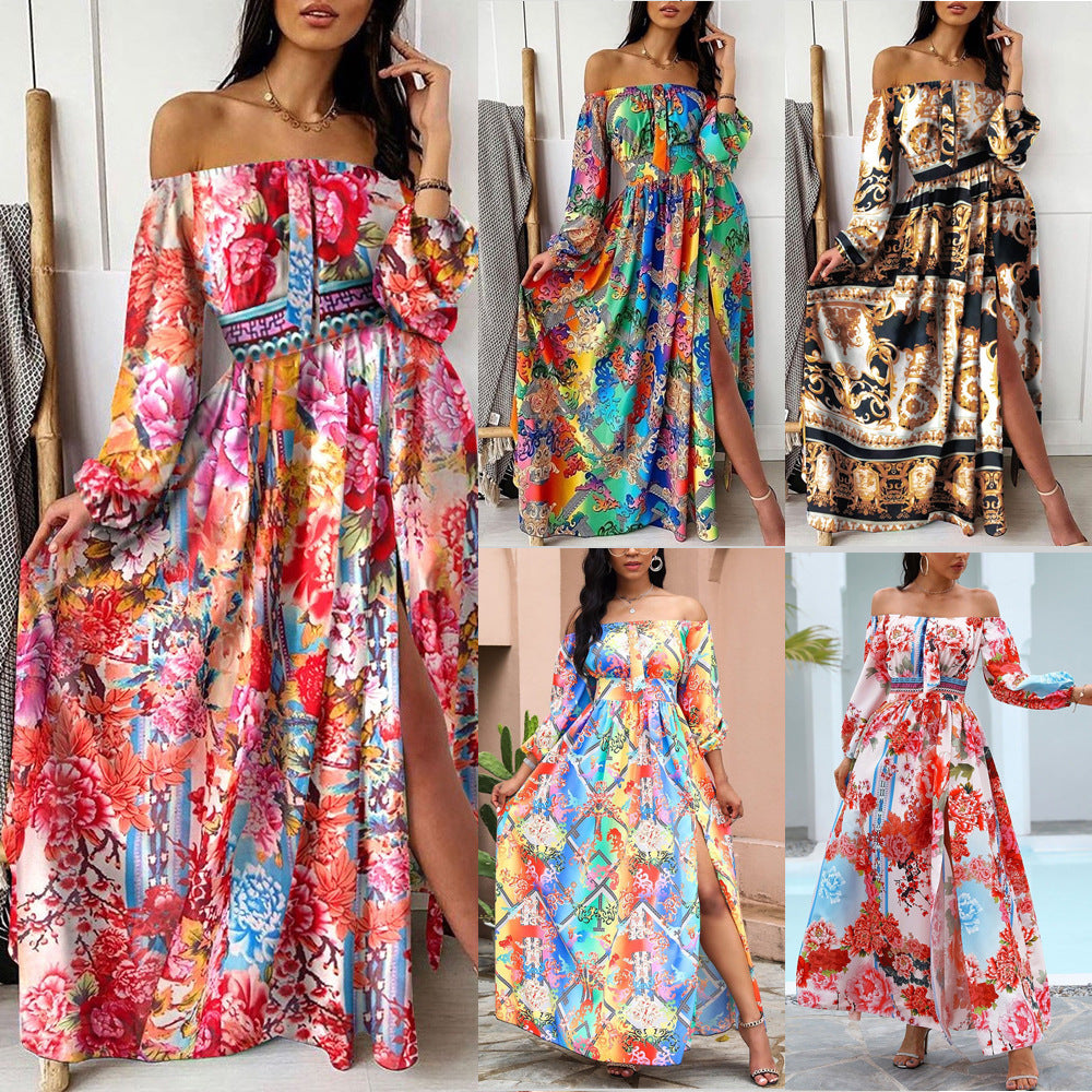 2025 spring/summer new collection: european & american style printed evening gown - v-neck, pullover, vintage long sleeve, high slit maxi dress