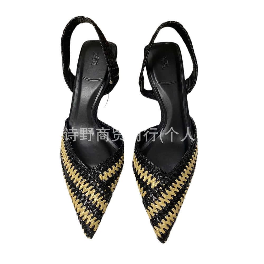 Za2023autumnew arrival high heels fashion pointed toe color matching patchwork woven material high heel sandals women's shoes stylish