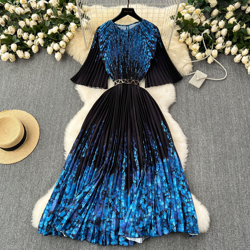 European and american retro court style design printed long dress with heavy pleating, puff sleeves, and pleated skirt - spring collection for women