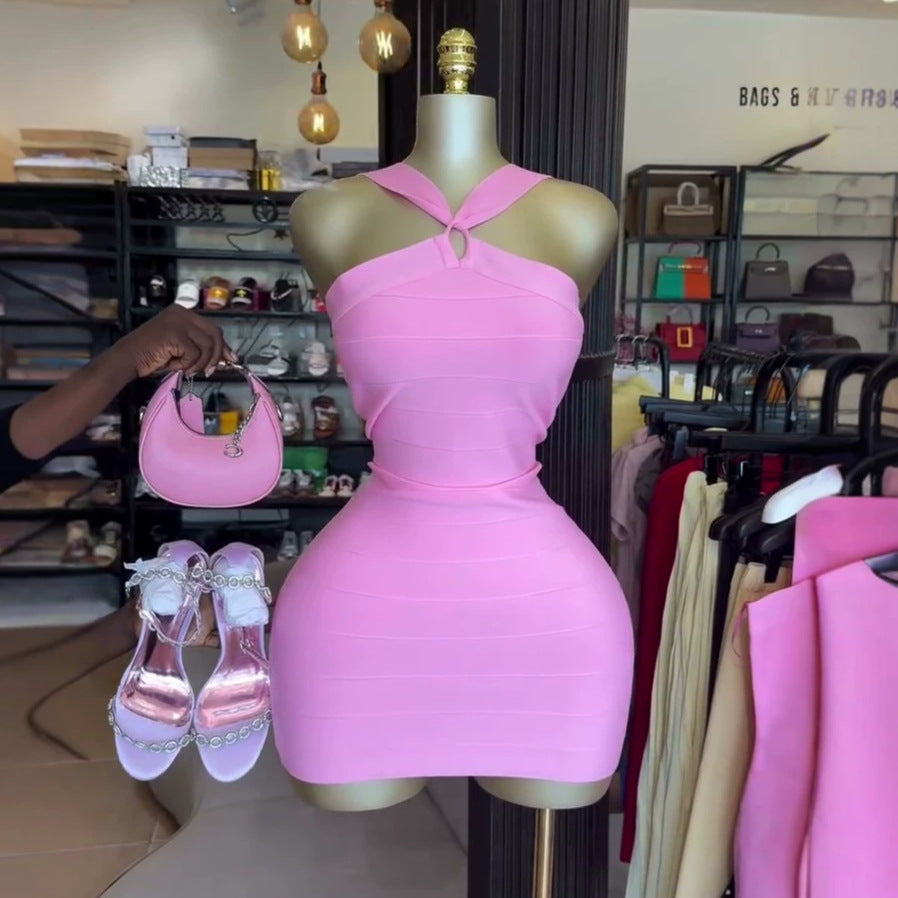 European and american cross-border women's fashion:  summer new arrivals - sexy and elegant halter neck bandeau bodycon backless slip dress