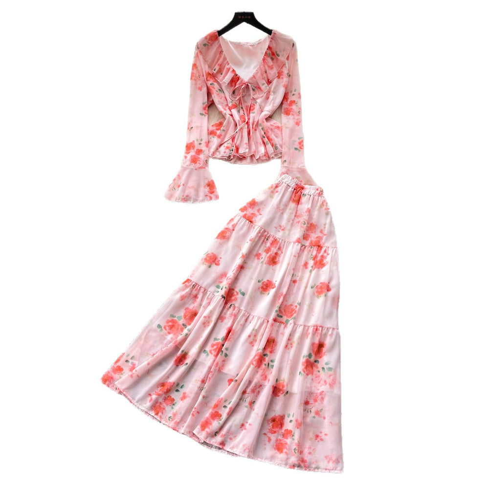 French romantic rose floral two-piece set for women - spring v-neck floral print lantern sleeve slimming chic outfit