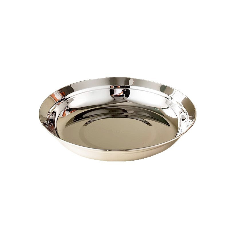 Factory direct wholesale food-grade tableware: 316 stainless steel flat-bottom round dishes, steaming trays, deep soup bowls, and fruit bowls for home use