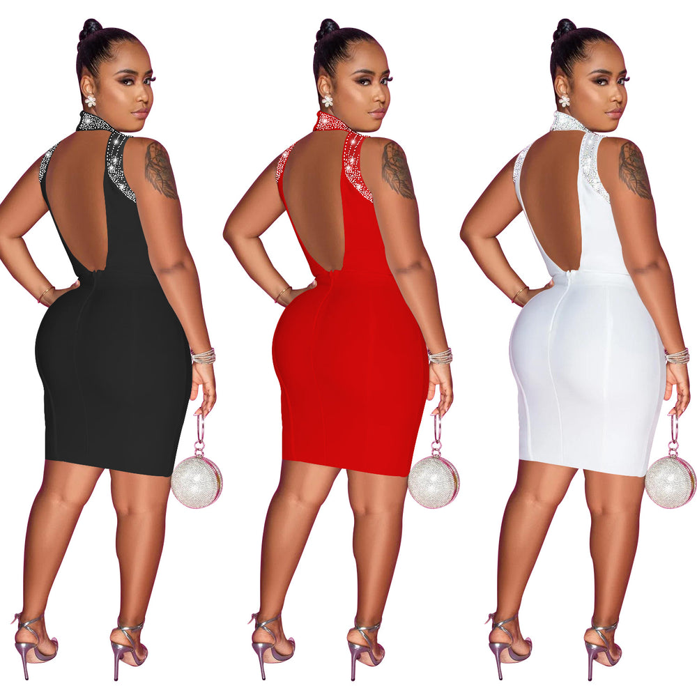 C6163 cross-border   fashion women's solid color hotfix rhinestone mesh see-through sleeveless dress