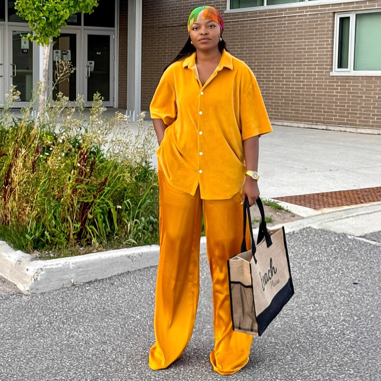 European and American large-size women's clothing set solid color lapel cardigan shirt casual trousers women's African fashion loose two-piece set