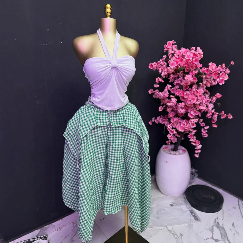 European and american cross-border women's fashion:  summer new arrivals - high-waisted, asymmetrical, mid-length plaid a-line skirt