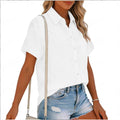european and american cross-border  summer new arrival: women's solid color cotton linen short-sleeve shirt