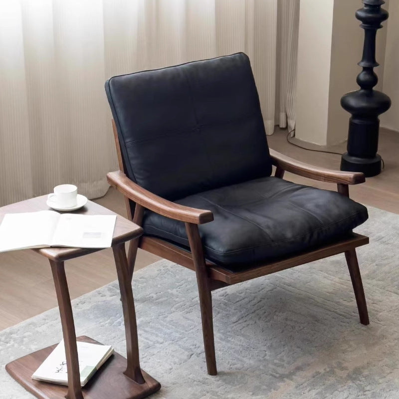 Genuine leather solid wood single sofa chair - minimalist armchair for study, living room, walnut finish - designer accent chair