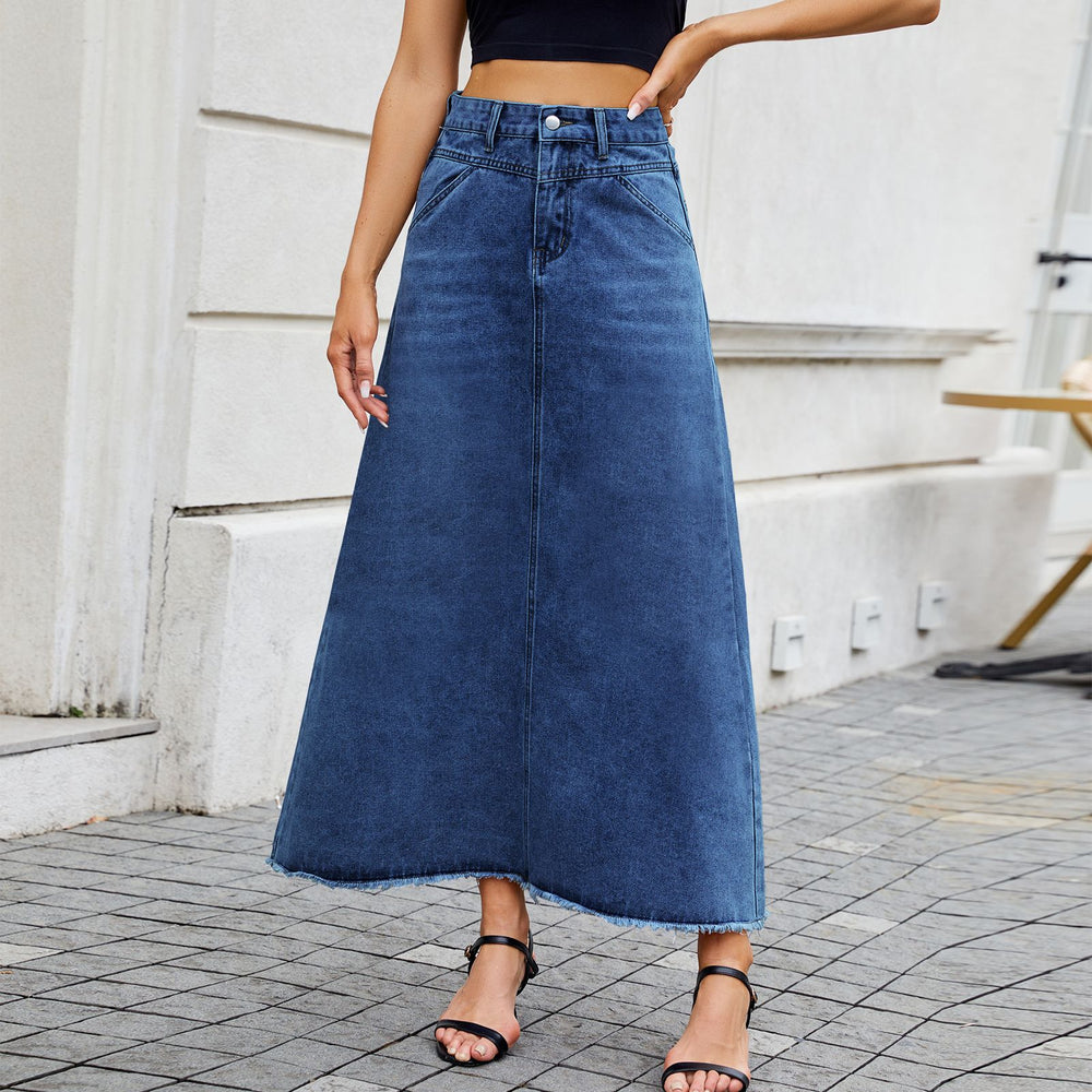 fashion spring/summer new arrivals: high-waisted denim skirt for women - trendy, loose fit, pocket detail, midi length - perfect for