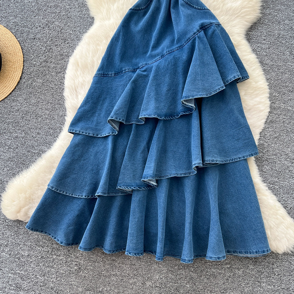 Korean style denim cami cake dress for women,  summer ruffle asymmetrical mermaid skirt, slimming and elegant