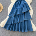 Korean style denim cami cake dress for women,  summer ruffle asymmetrical mermaid skirt, slimming and elegant