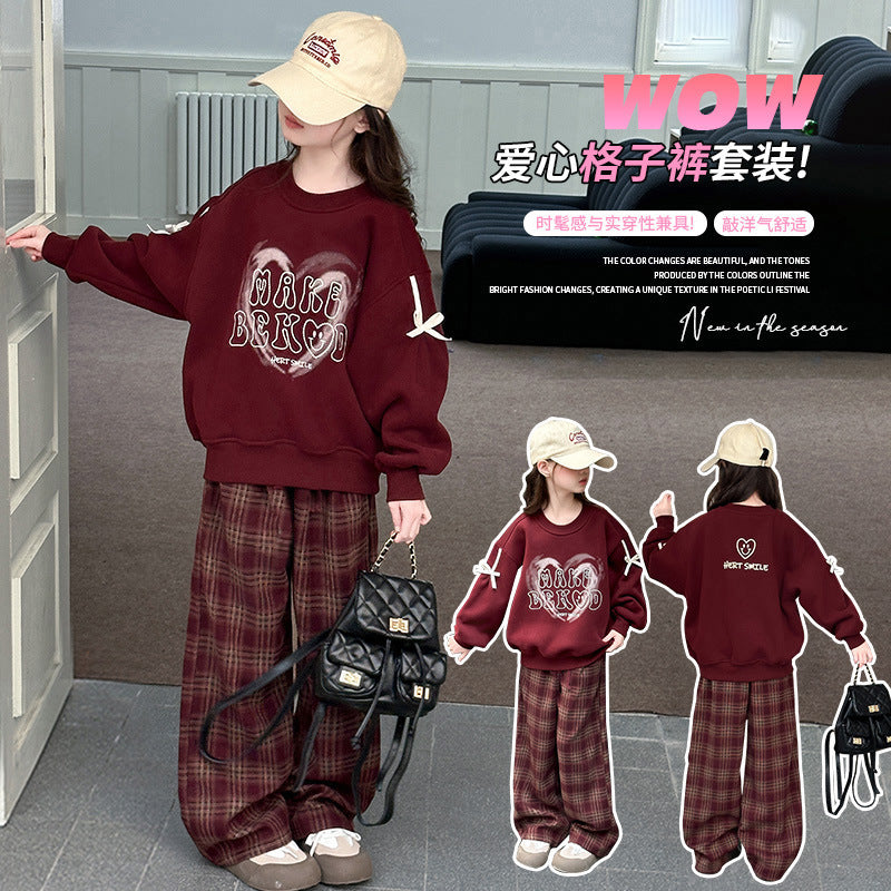 Girls' spring/autumn  new red hoodie and chic casual plaid pants set - loose-fit top two-piece outfit for girls