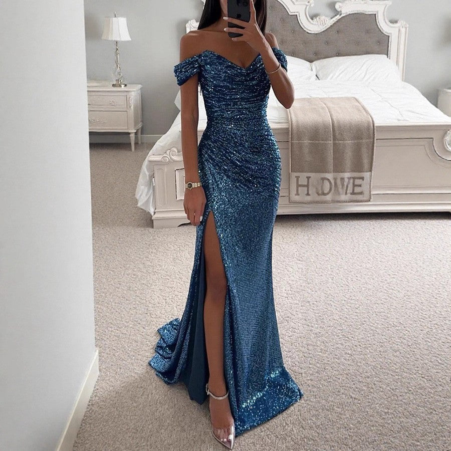 european and american new arrival sequin off-the-shoulder slit dress - ins casual fashion women's dress