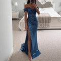 european and american new arrival sequin off-the-shoulder slit dress - ins casual fashion women's dress