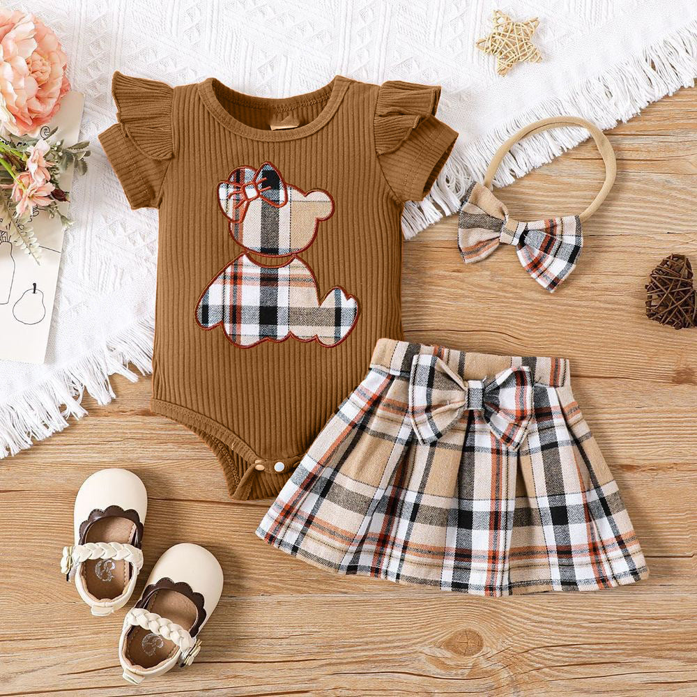 ins newborn infant baby girl summer style bear appliqué embroidered bodysuit triangle romper plaid butterfly