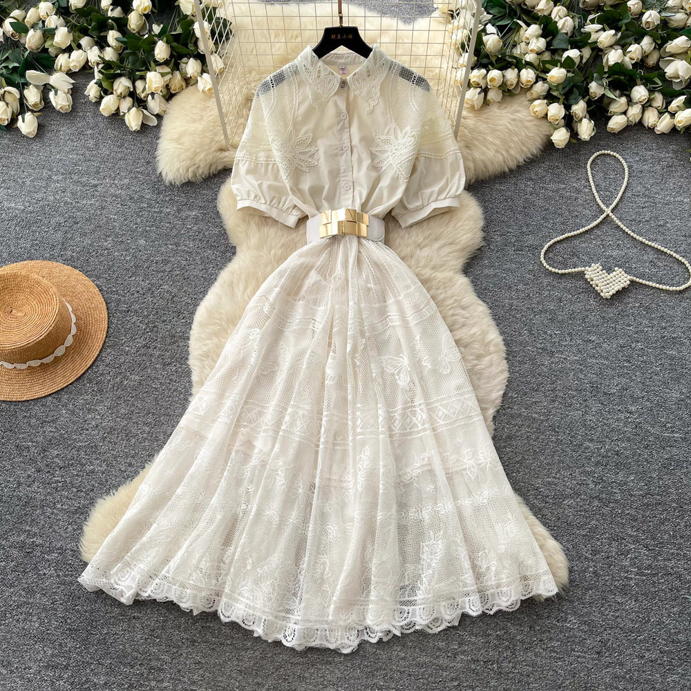 French romantic pink hollow-out lace dress - women's summer a-line maxi dress with cinched waist - high-end elegant style