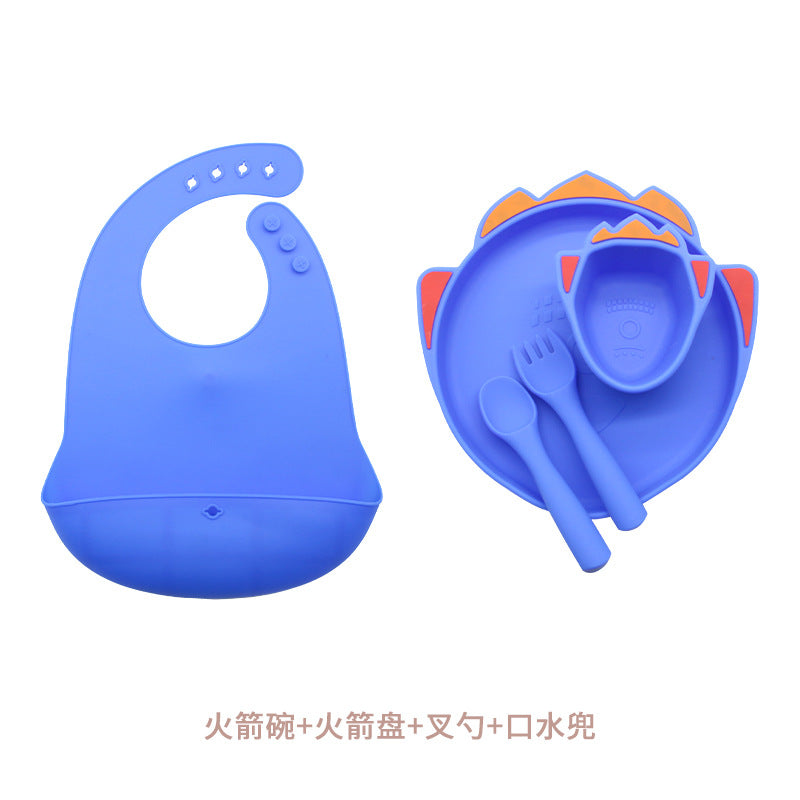 Customized silicone plate set, anti-drop baby bowl saliva pocket, multi-color cute style children's tableware set