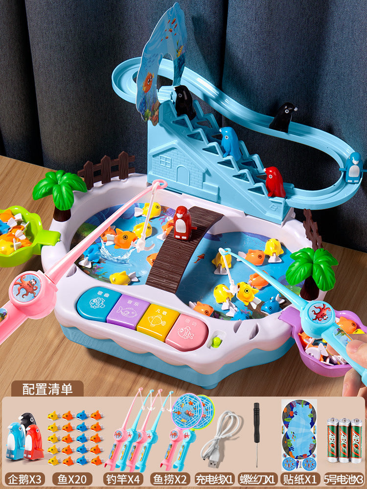 Magnetic levitation track electric fishing children's early education puzzle can add water sliding music fishing table toys boys and girls