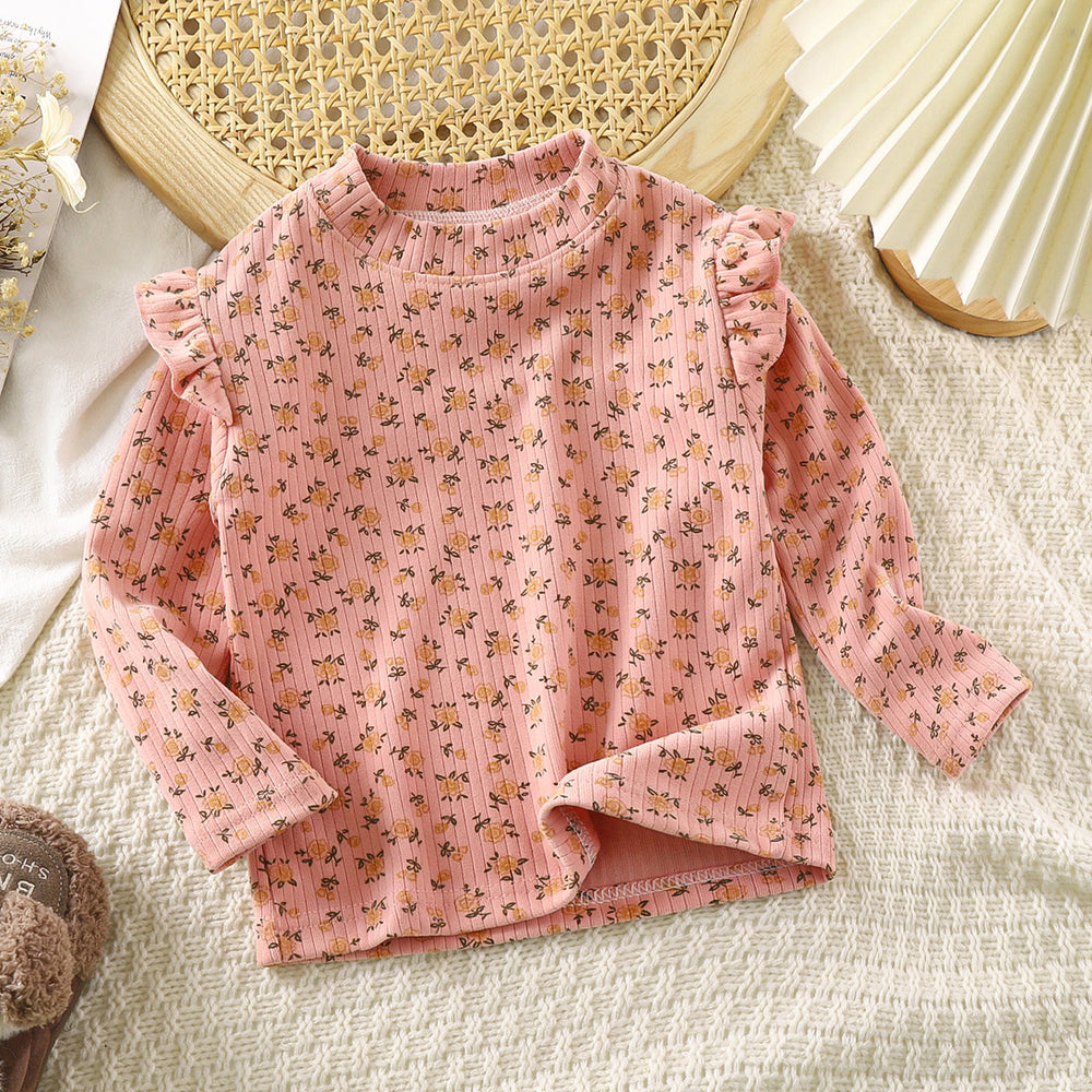 Girls' fall/winter floral print undershirt - girls' flutter sleeve autumn t-shirt - versatile trendy flutter sleeve undershirt for little girls