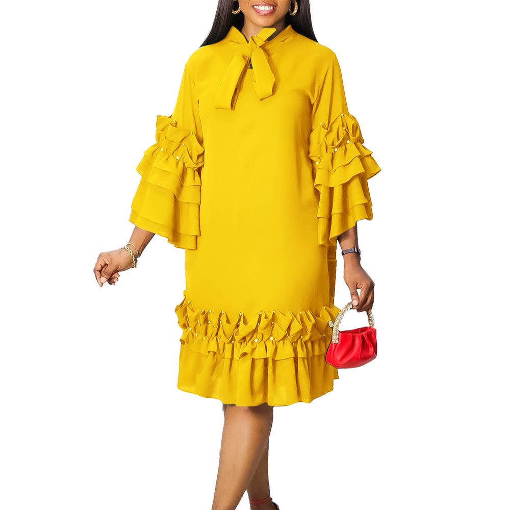 D3268 european and american style new fashion elegant tie-up multi-layer ruffle flare sleeve loose-fit export dress