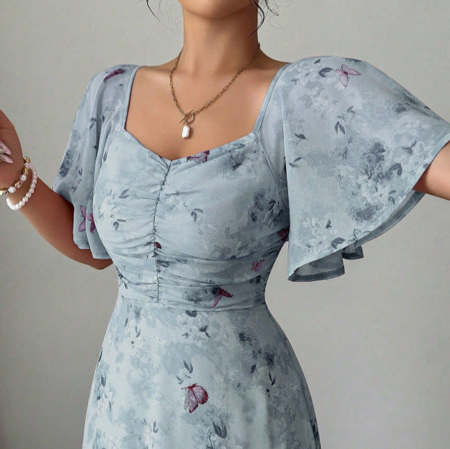 cross-border  hot-selling european and american style square neck puff sleeve floral dress