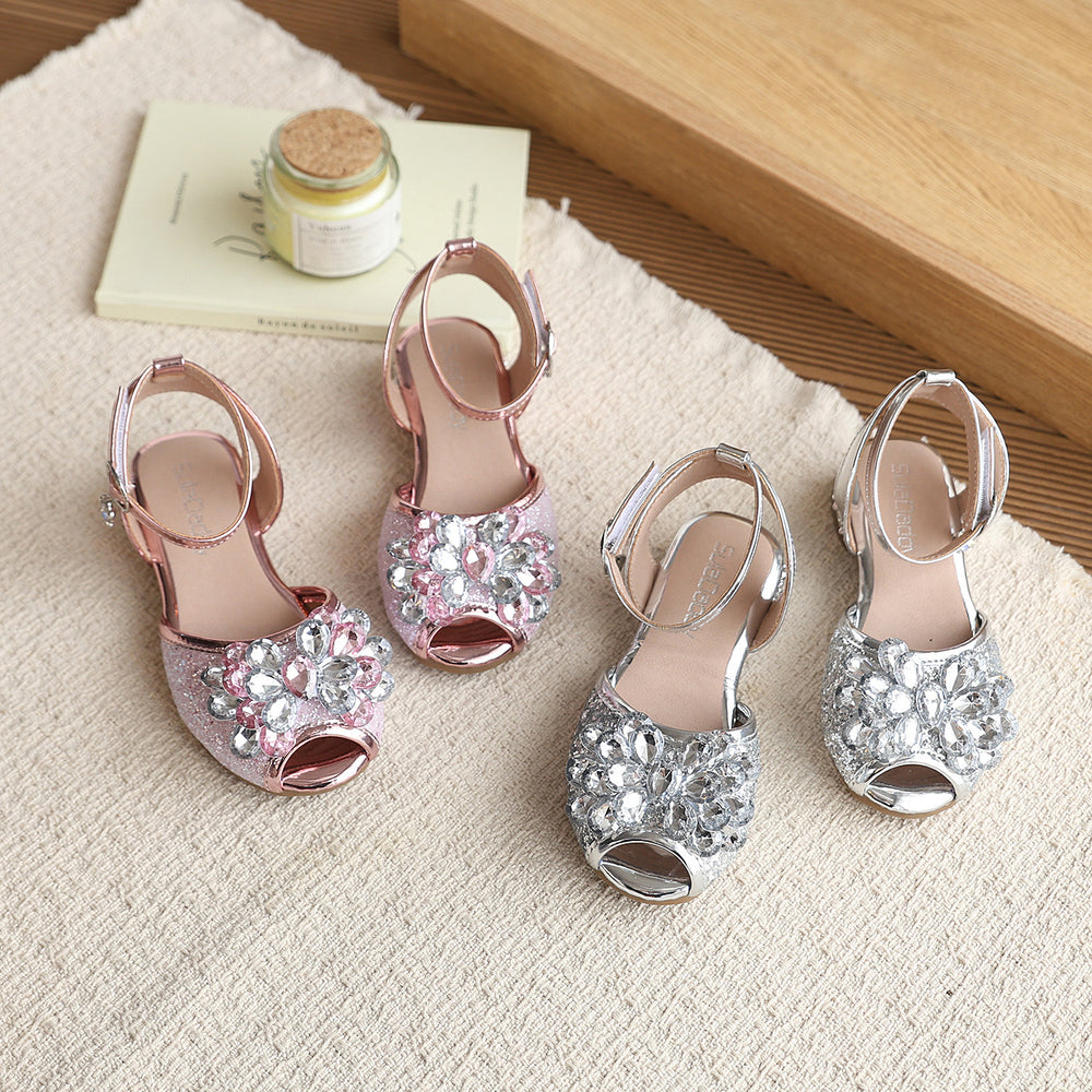 Girls' sandals summer children's princess shoes silver crystal shoes with dress baby girl kids' shoes stylish performance sandals