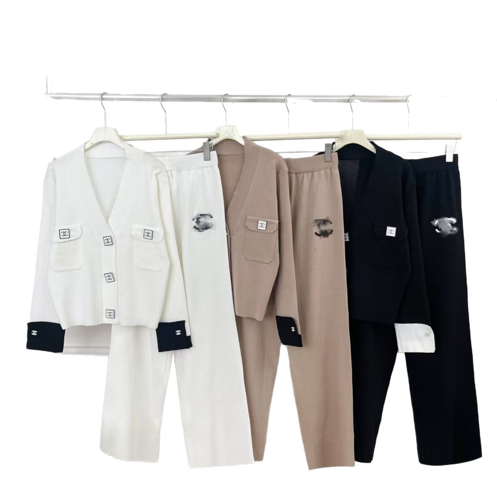 new autumn/winter chic slimming v-neck knit cardigan top + waist-defining slimming pants set