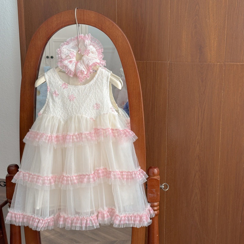 Girls' summer  new fashionable tutu dress, kids' summer sweet princess dress with hair tie, baby girl skirt