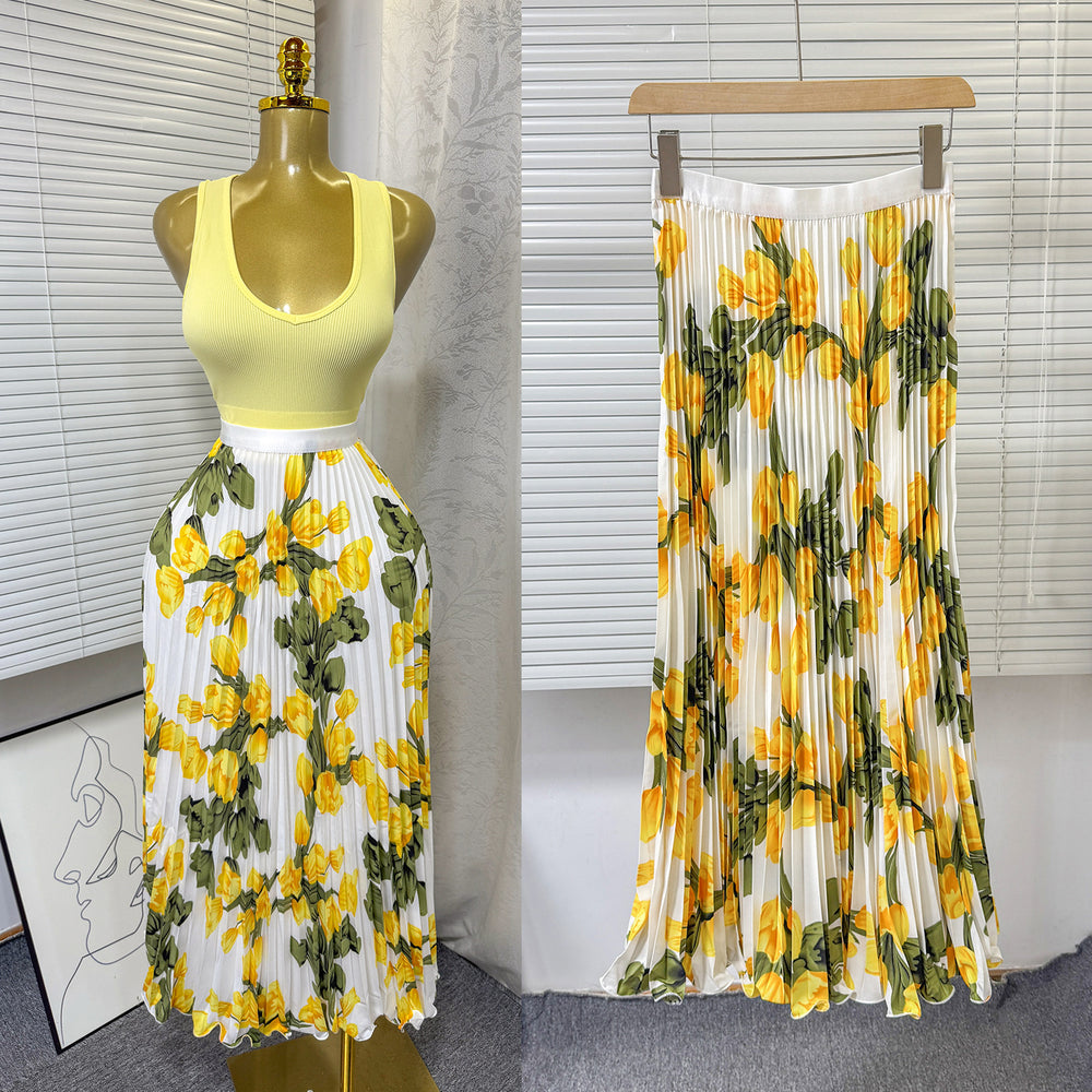 export 2026 summer new arrival: printed pleated a-line midi skirt with elastic waist and flared ruffle hem