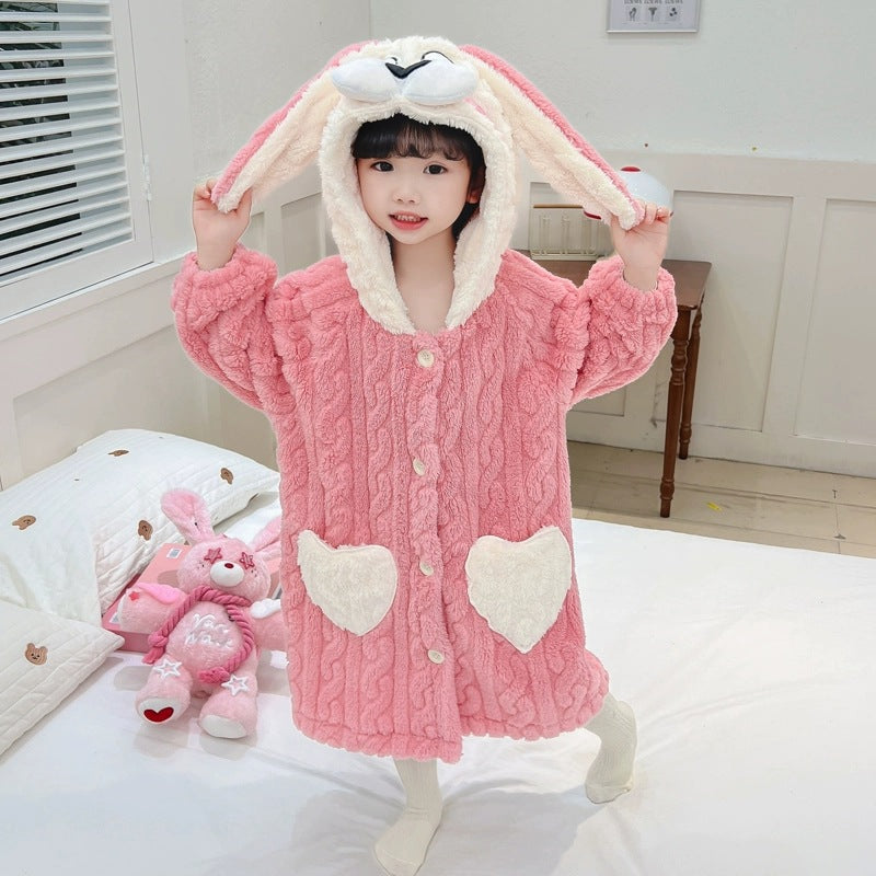 Girls' coral fleece pajamas - autumn/winter kids' robe - long, warm, wearable bathrobe for baby girls