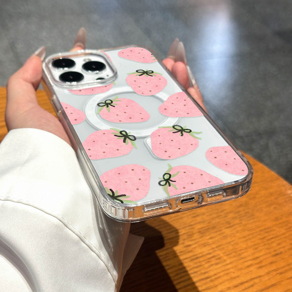All-over strawberry bow iphone 17 case, high-clarity apple 16 magnetic shockproof transparent soft case for iphone 15