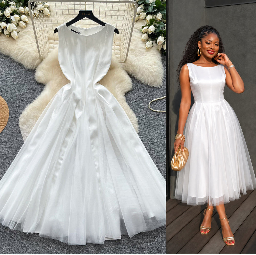French sleeveless a-line round neck dress women's summer french pink high waist slimming look large swing skirtelegant