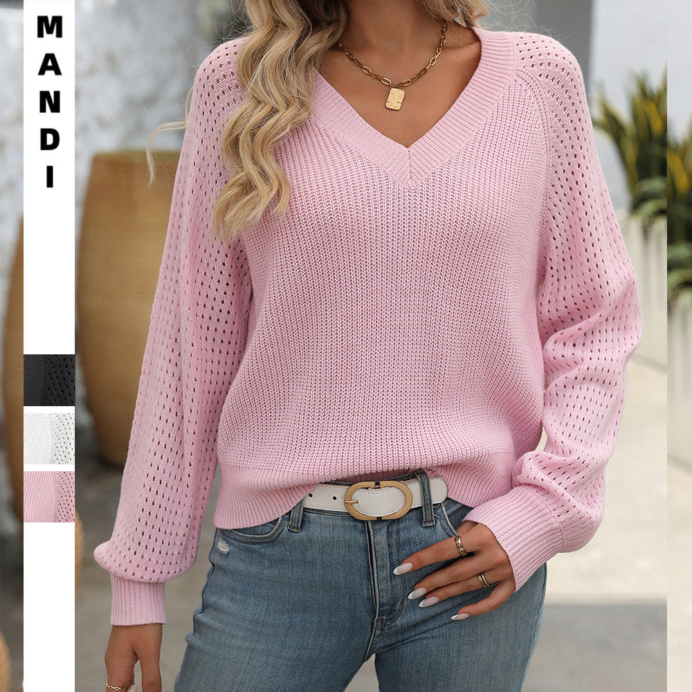Cross-border European and American  women's clothing 2024 autumn and winter new models,  hollow V-neck long-sleeved fashion sweater women