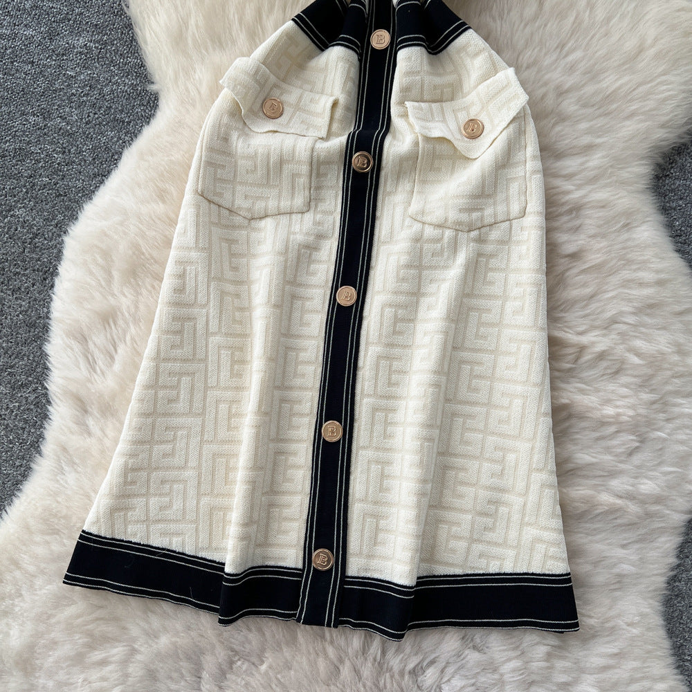Xiaoxiangfeng sweaterdress women's winter  new arrivalfrenchretrofashioncontrast color metal buckle waist long skirt
