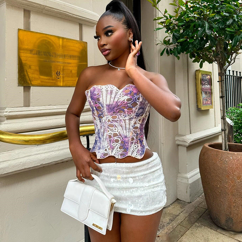 European and american cross-border women's fashion:  autumn new arrivals - irregular lace court style corset print shaping top