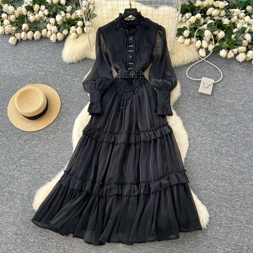 French court style dress - new  collection: exquisite beaded and rhinestone embellishments, cinched waist, lantern sleeves, and a flowing maxi skirt with mesh detailing