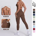 double-sided nylon beautiful back tight cross beautiful back flap pocket pants sports yoga suit running fitness two-piece set